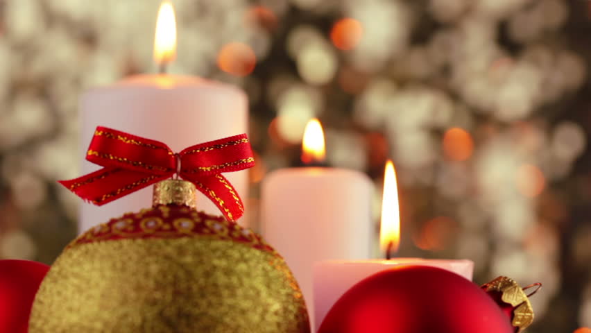 Christmas Scene With Red Background And Candle, Gift And Christmas Tree ...