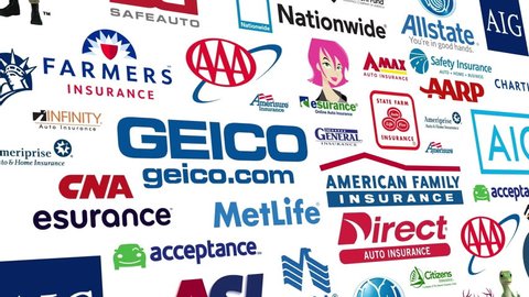 Editorial only seamlessly loopable animation of a compilation of major us  automobile insurance companies., all logos and trademarks remain property  of their respective owners., editorial only.